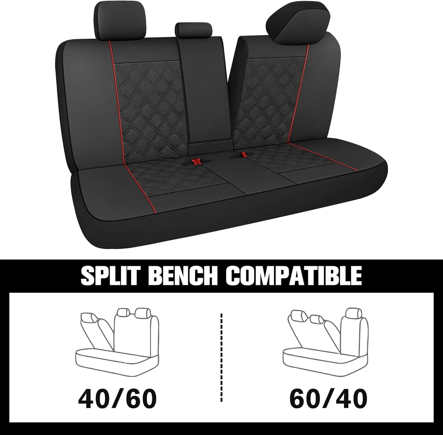 CAROMOP Luxury PU Leather Car Seat Covers Full Set-Waterproof Seat Protectors with Split Bench Seat Covers for Cars-Universal Cars Interior Covers for Sedans, SUVs, Pick-up Trucks (Black/Red Line)