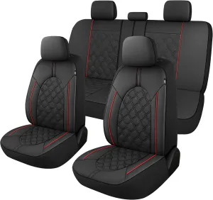 CAROMOP Luxury PU Leather Car Seat Covers Full Set-Waterproof Seat Protectors with Split Bench Seat Covers for Cars-Universal Cars Interior Covers for Sedans, SUVs, Pick-up Trucks (Black/Red Line)
