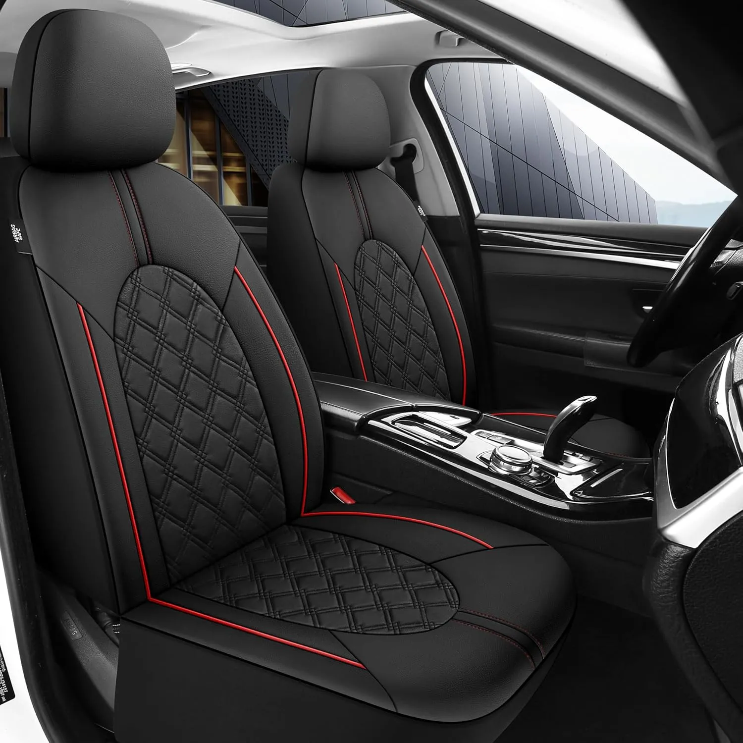 CAROMOP Luxury PU Leather Car Seat Covers Full Set-Waterproof Seat Protectors with Split Bench Seat Covers for Cars-Universal Cars Interior Covers for Sedans, SUVs, Pick-up Trucks (Black/Red Line)