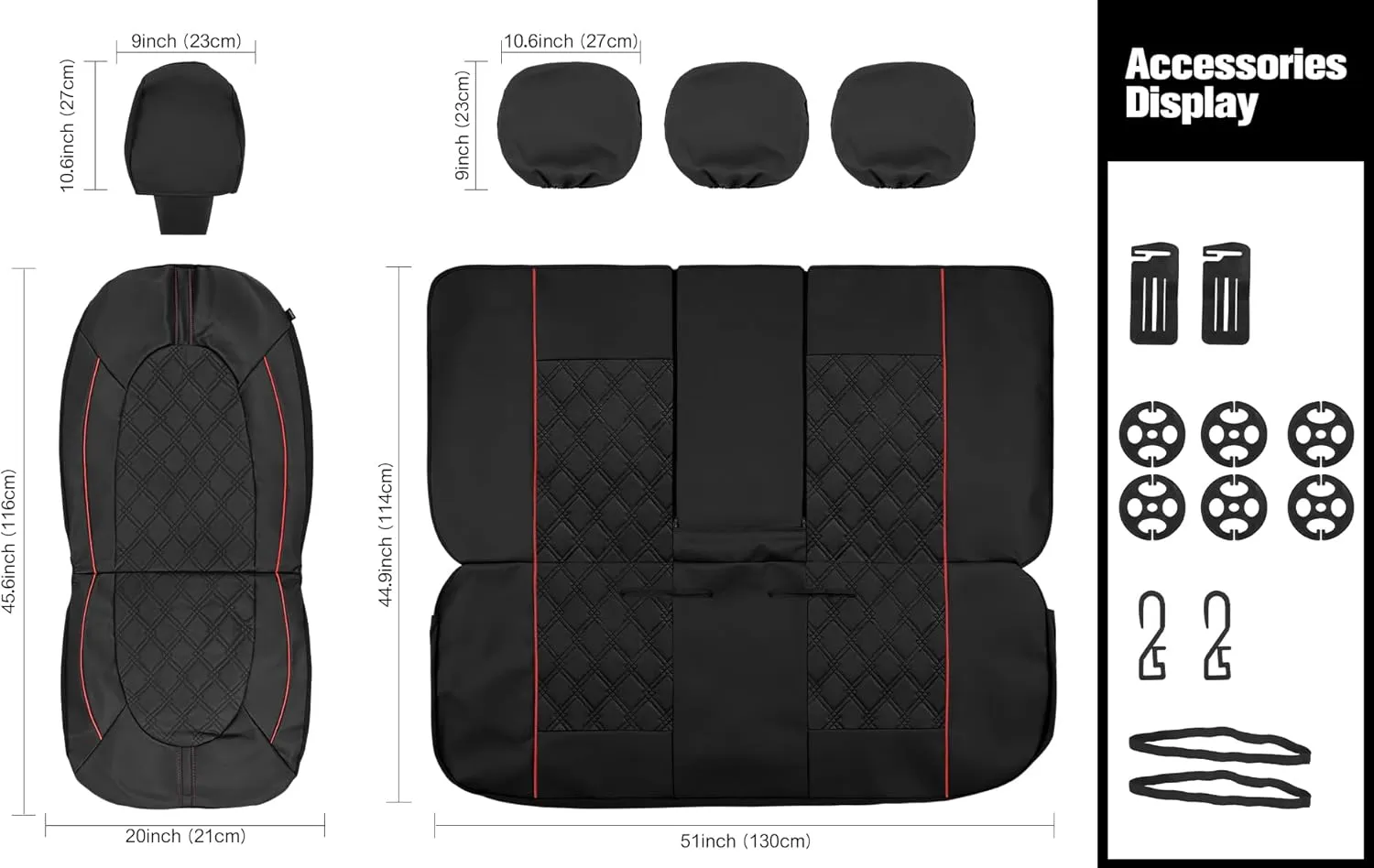 CAROMOP Luxury PU Leather Car Seat Covers Full Set-Waterproof Seat Protectors with Split Bench Seat Covers for Cars-Universal Cars Interior Covers for Sedans, SUVs, Pick-up Trucks (Black/Red Line)