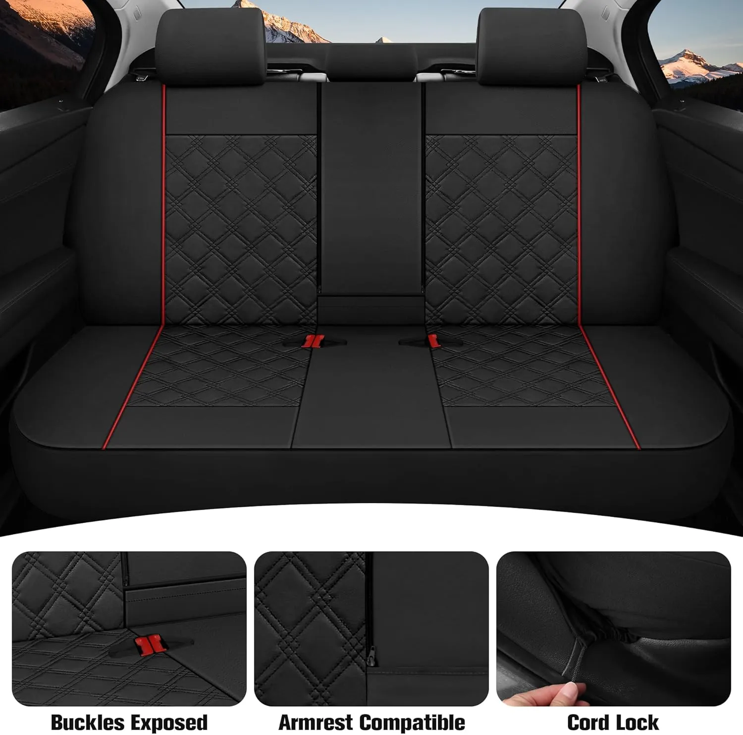 CAROMOP Luxury PU Leather Car Seat Covers Full Set-Waterproof Seat Protectors with Split Bench Seat Covers for Cars-Universal Cars Interior Covers for Sedans, SUVs, Pick-up Trucks (Black/Red Line)