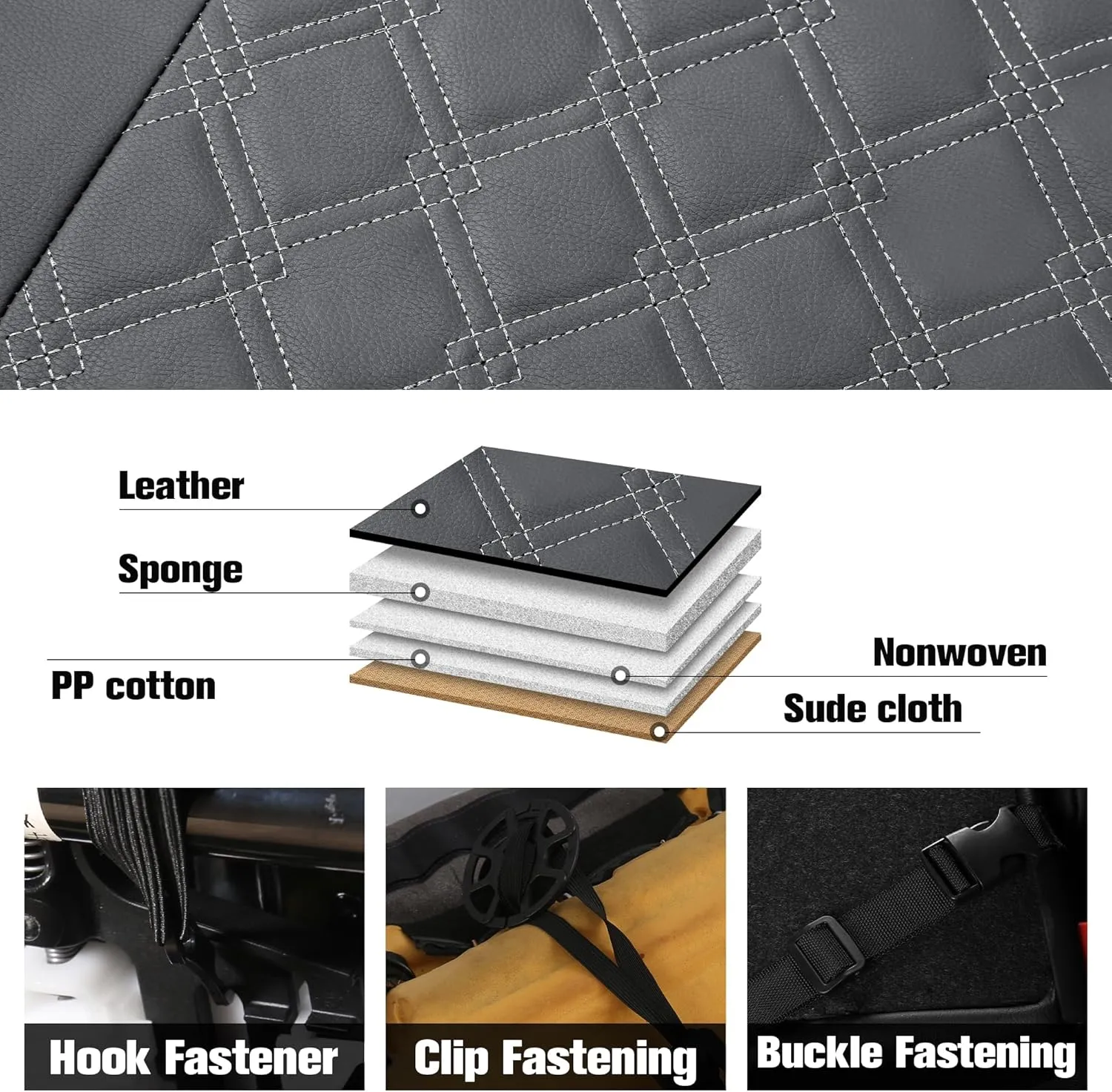CAROMOP Luxury PU Leather Car Seat Covers Full Set-Waterproof Seat Protectors with Split Bench Seat Covers for Cars-Universal Cars Interior Covers for Sedans, SUVs, Pick-up Trucks(Gray/Gray Line)