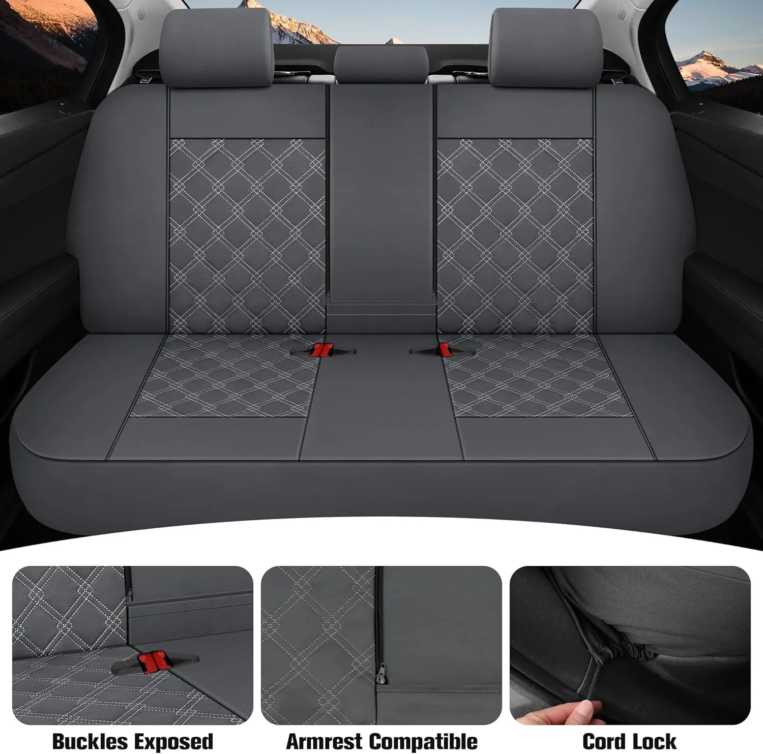CAROMOP Luxury PU Leather Car Seat Covers Full Set-Waterproof Seat Protectors with Split Bench Seat Covers for Cars-Universal Cars Interior Covers for Sedans, SUVs, Pick-up Trucks(Gray/Gray Line)