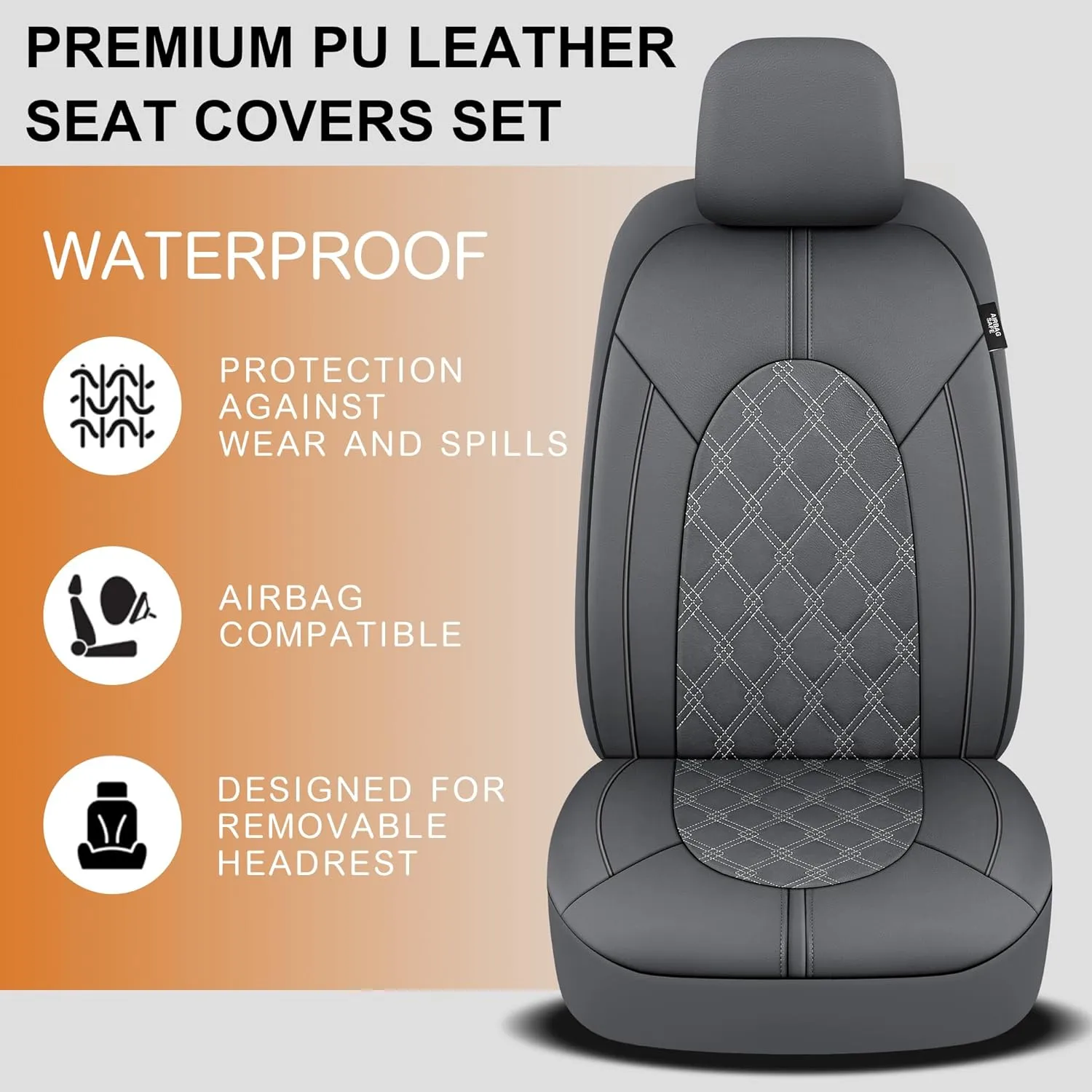 CAROMOP Luxury PU Leather Car Seat Covers Full Set-Waterproof Seat Protectors with Split Bench Seat Covers for Cars-Universal Cars Interior Covers for Sedans, SUVs, Pick-up Trucks(Gray/Gray Line)