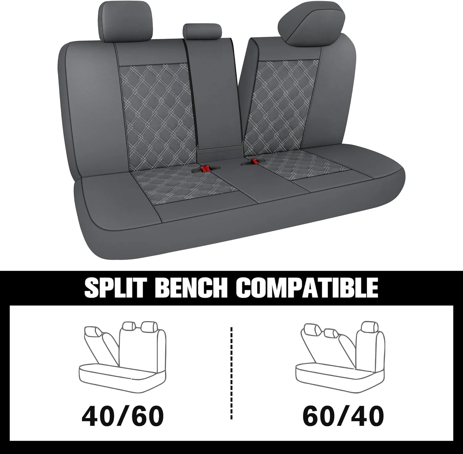 CAROMOP Luxury PU Leather Car Seat Covers Full Set-Waterproof Seat Protectors with Split Bench Seat Covers for Cars-Universal Cars Interior Covers for Sedans, SUVs, Pick-up Trucks(Gray/Gray Line)