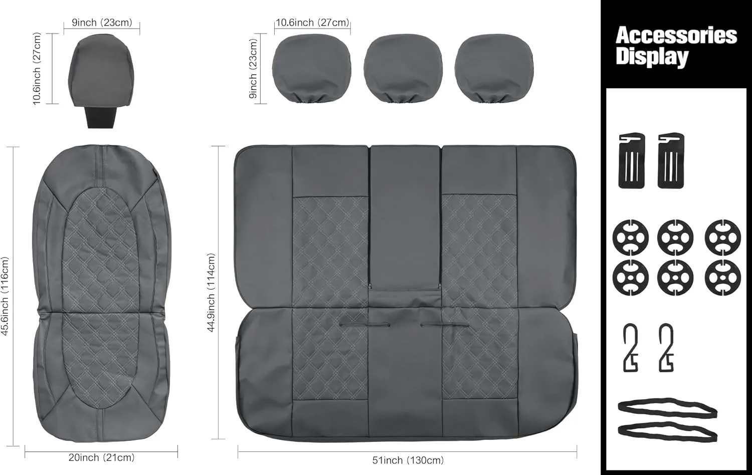 CAROMOP Luxury PU Leather Car Seat Covers Full Set-Waterproof Seat Protectors with Split Bench Seat Covers for Cars-Universal Cars Interior Covers for Sedans, SUVs, Pick-up Trucks(Gray/Gray Line)