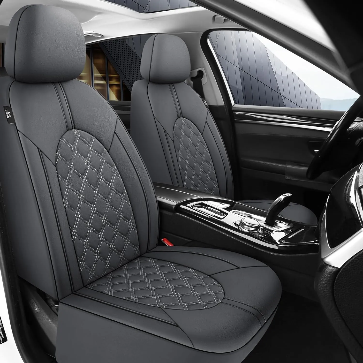 CAROMOP Luxury PU Leather Car Seat Covers Full Set-Waterproof Seat Protectors with Split Bench Seat Covers for Cars-Universal Cars Interior Covers for Sedans, SUVs, Pick-up Trucks(Gray/Gray Line)