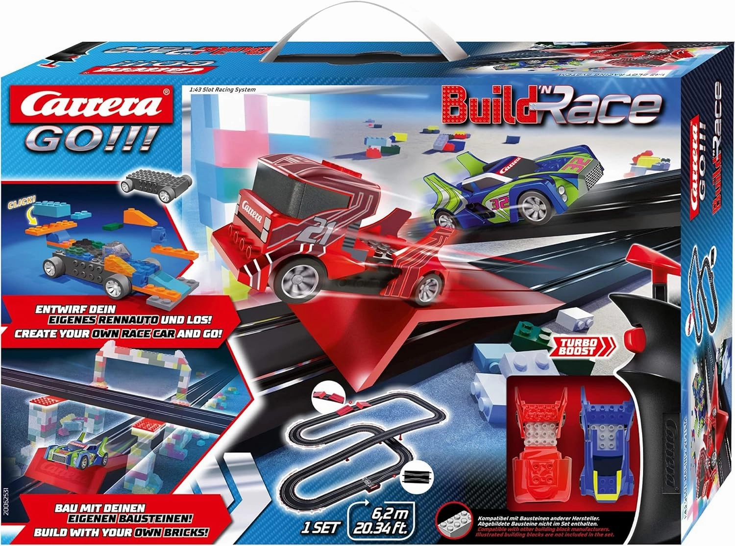 Carrera GO!!! Build 'N Race Electric Powered Slot Car Racing Kids Toy Building Blocks Race Track Set 1:43 Scale, Racing Set 6.2