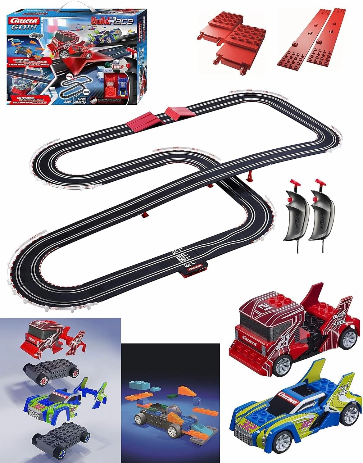 Carrera GO!!! Build 'N Race Electric Powered Slot Car Racing Kids Toy Building Blocks Race Track Set 1:43 Scale, Racing Set 6.2