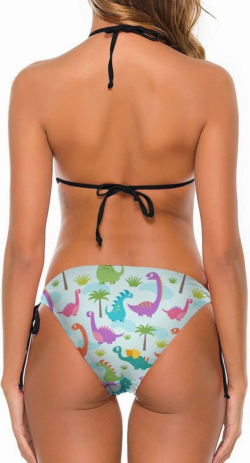 Cartoon Dinosaurs Pattern Swimsuits Triangle Bikini 2 Piece Set Swimwear Bathing Suit for Women Girls