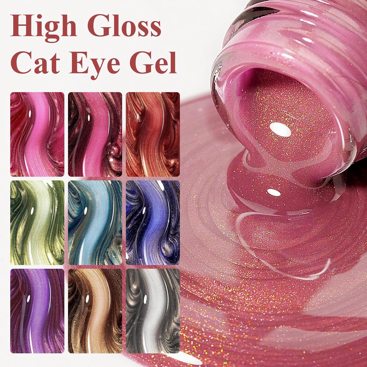 Cat Eye Gel Nail Polish Set-10 Colors with Magnet Cats Eye Gel Polish Silver Pink Blue Jelly Glass Effect Crystal Glitter Cateye UV Kit Home Manicure DIY Nail Art