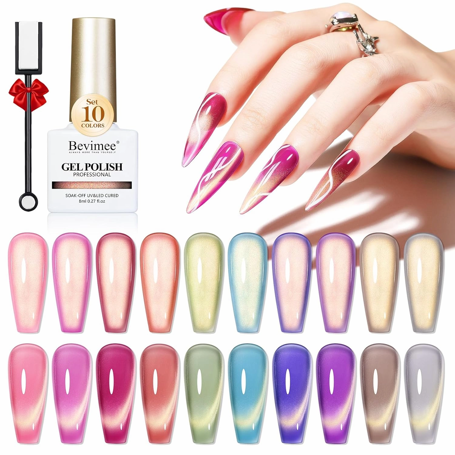 Cat Eye Gel Nail Polish Set-10 Colors with Magnet Cats Eye Gel Polish Silver Pink Blue Jelly Glass Effect Crystal Glitter Cateye UV Kit Home Manicure DIY Nail Art