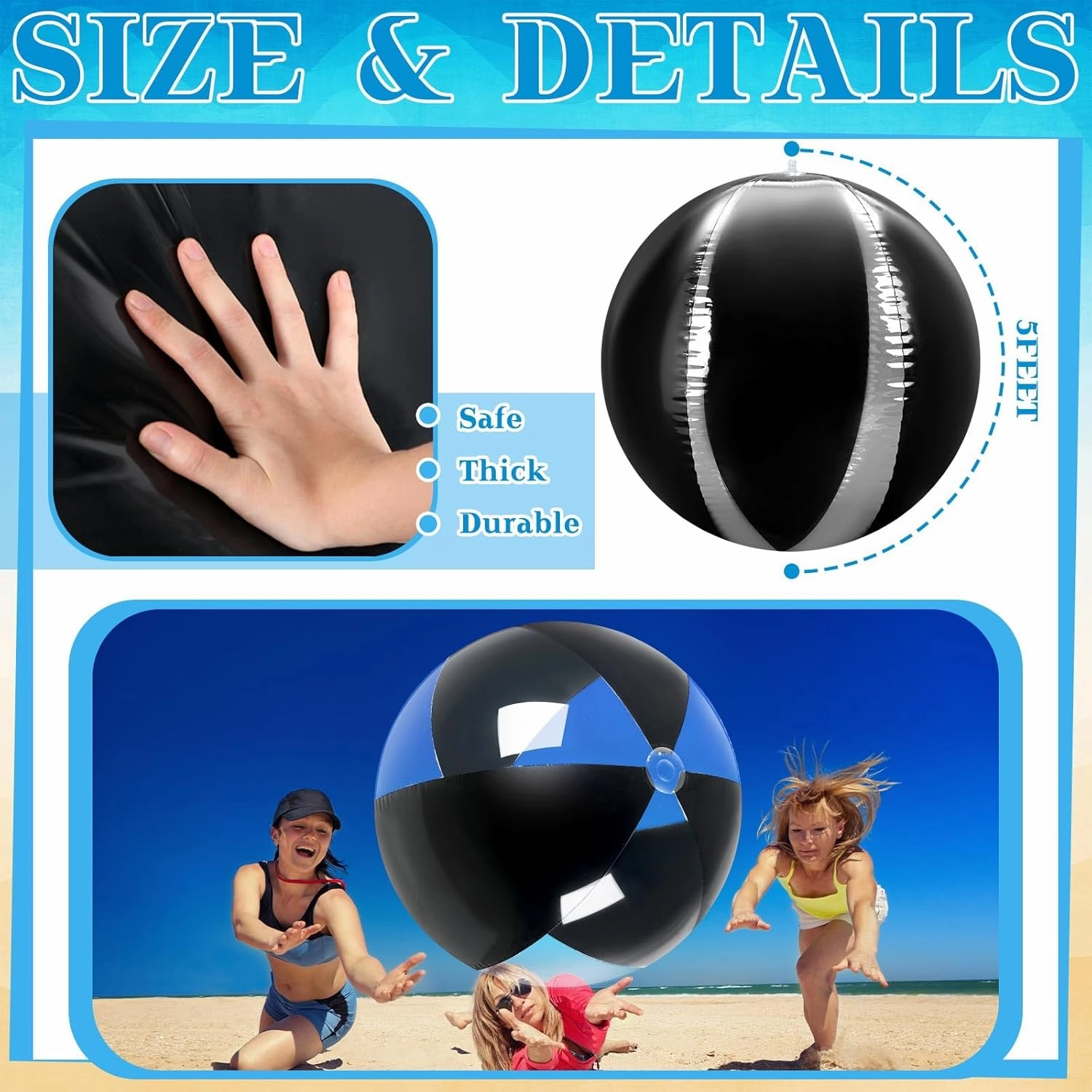 Ceenna 4 Pcs Inflatable Large Beach Ball 5 Feet Giant Pool Toy Balls Summer Swimming Toys Parties PVC Plastic Jumbo Ball for Adult Family Pool Float Birthday Game Decoration
