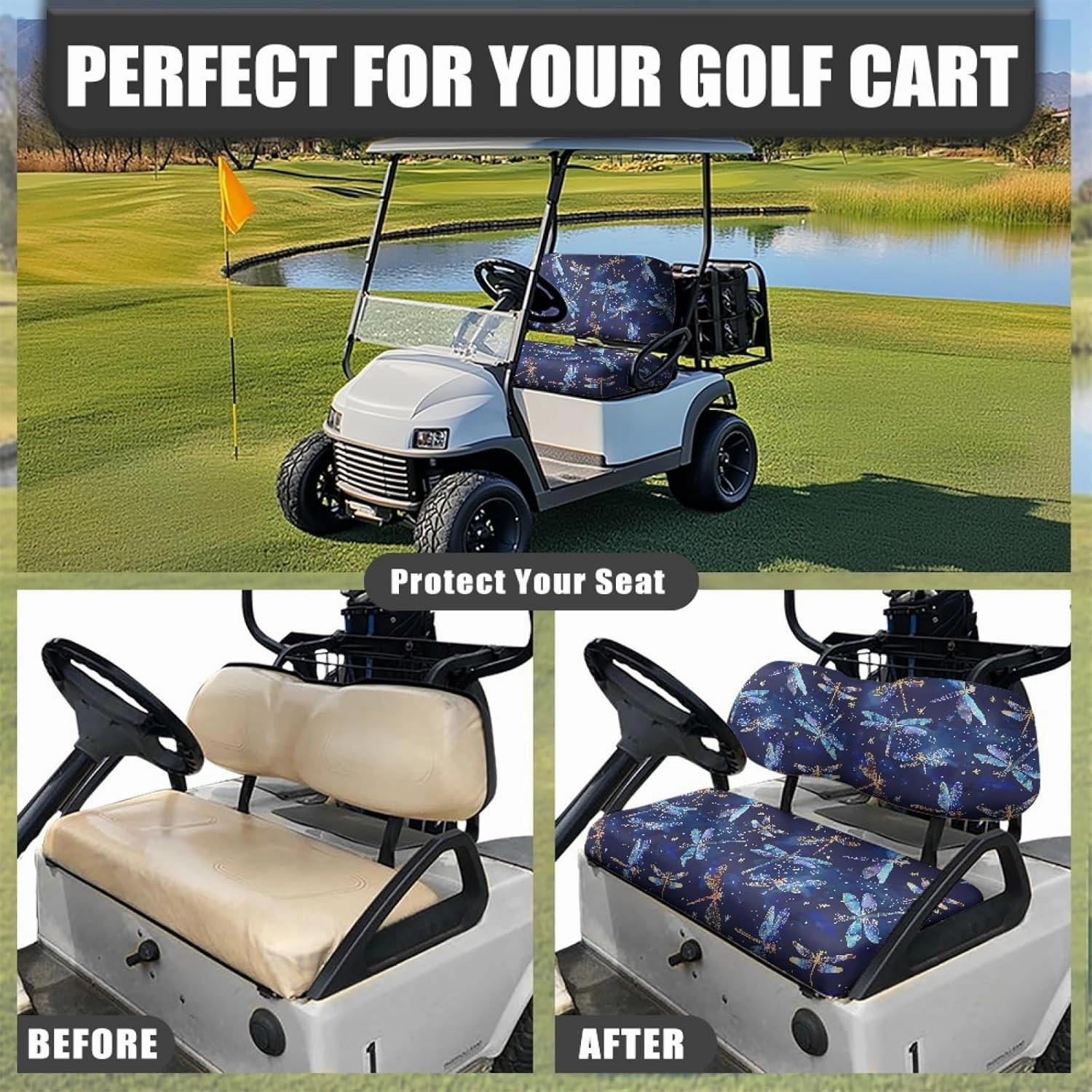 CLOHOMIN 2pcs Golf Cart Seat Bottom Cushion Back Rest Cover for Club Car Sports Golf Travel Sports Golf Cart Seat Cover