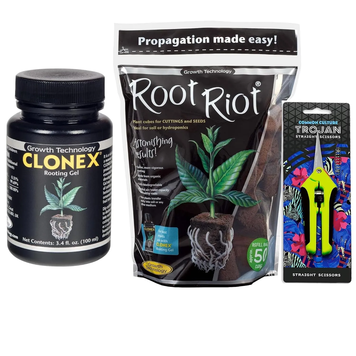 Clonex Rooting Gel 100ml   Root Riot Plugs 50 Pack   Common Culture Trimming Scissors Bundle