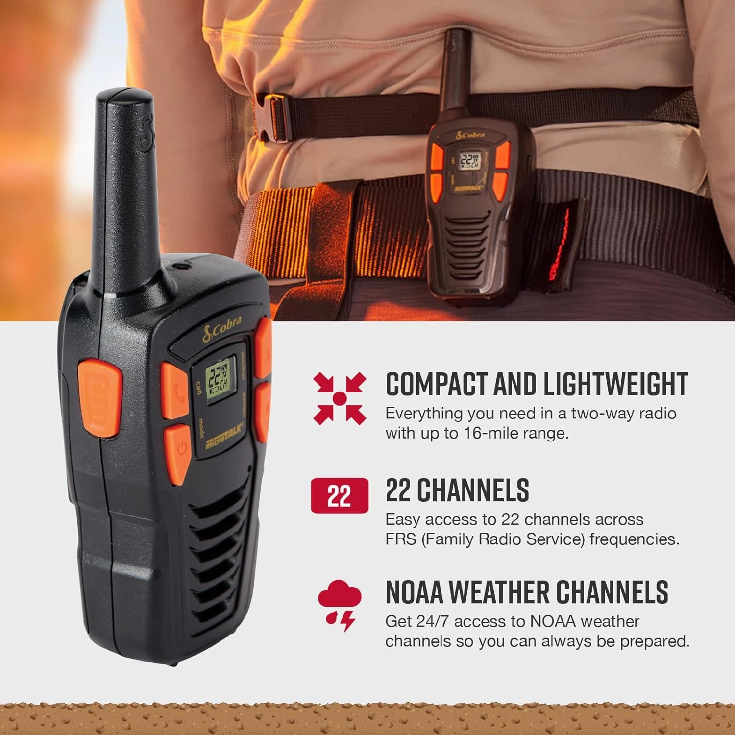 Cobra ACXT145 Compact Walkie Talkies - Rechargeable, Lightweight, 22 Channels, Long Range 16-Mile Two-Way Radio Set (2-Pack), black