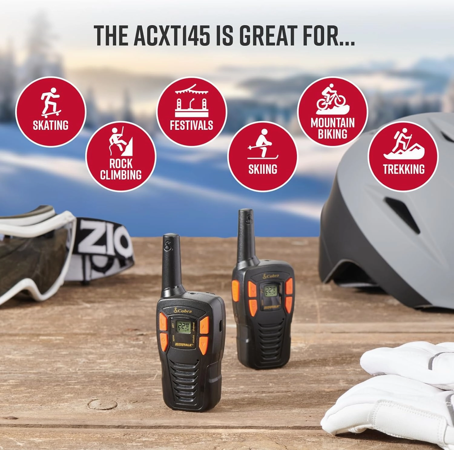 Cobra ACXT145 Compact Walkie Talkies - Rechargeable, Lightweight, 22 Channels, Long Range 16-Mile Two-Way Radio Set (2-Pack), black