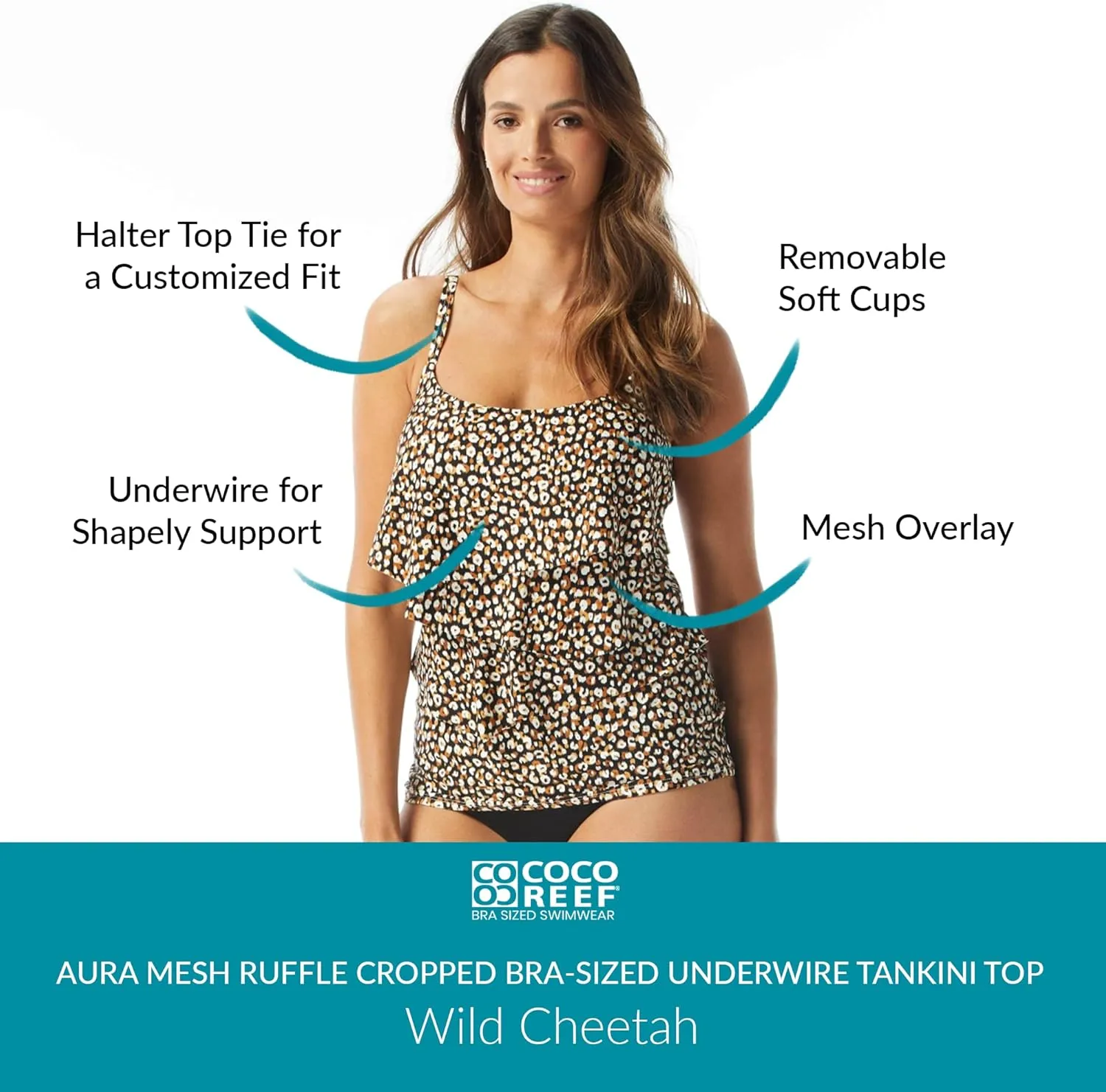COCO REEF Aura Ruffle Bra Sized Underwire Tankini Top, Full Coverage Swimsuit Top