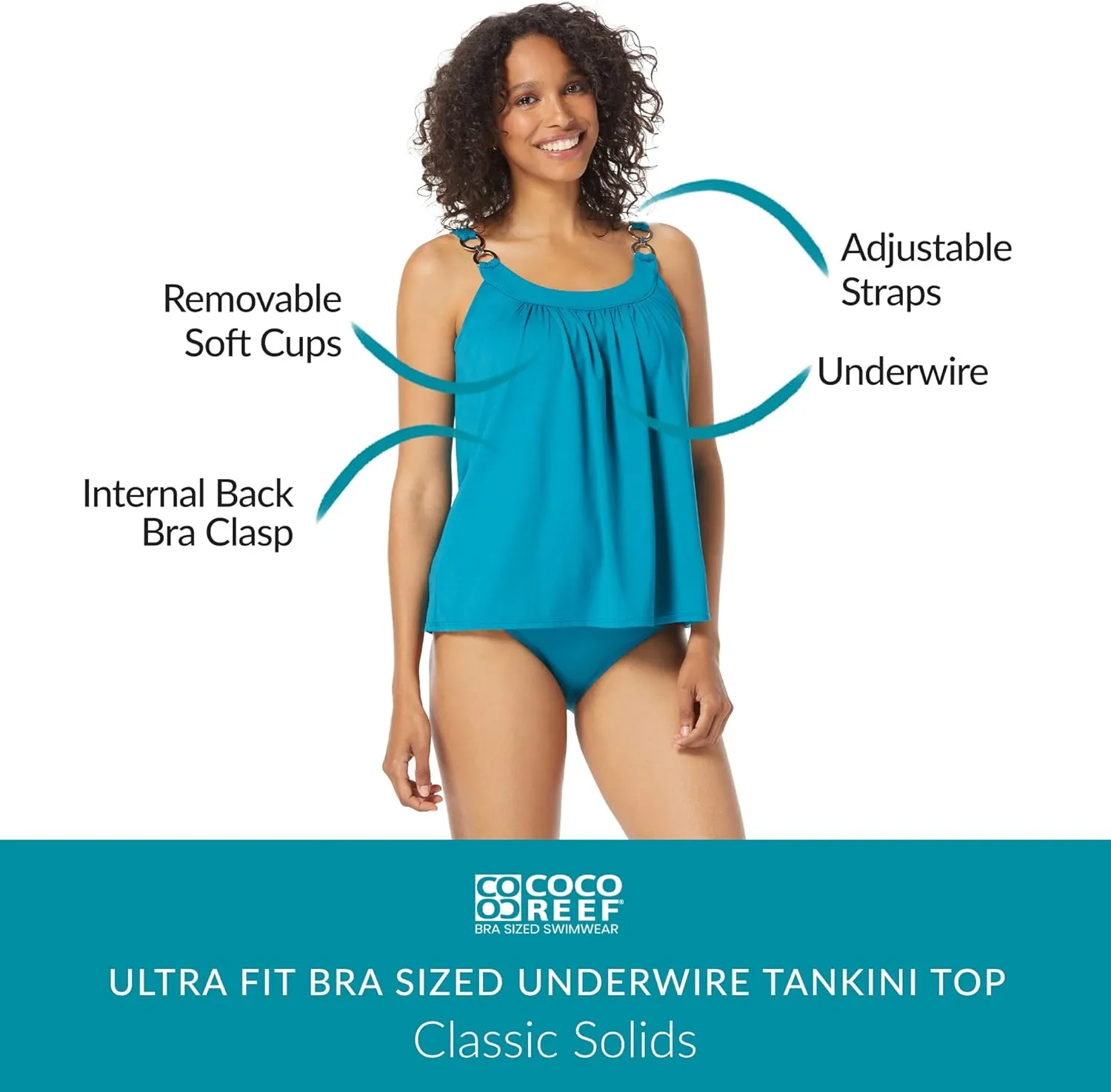 COCO REEF Ultra Fit Bra Sized Underwire Loose Fit A-Line Tankini Swimsuit, Full Coverage Swimwear Top