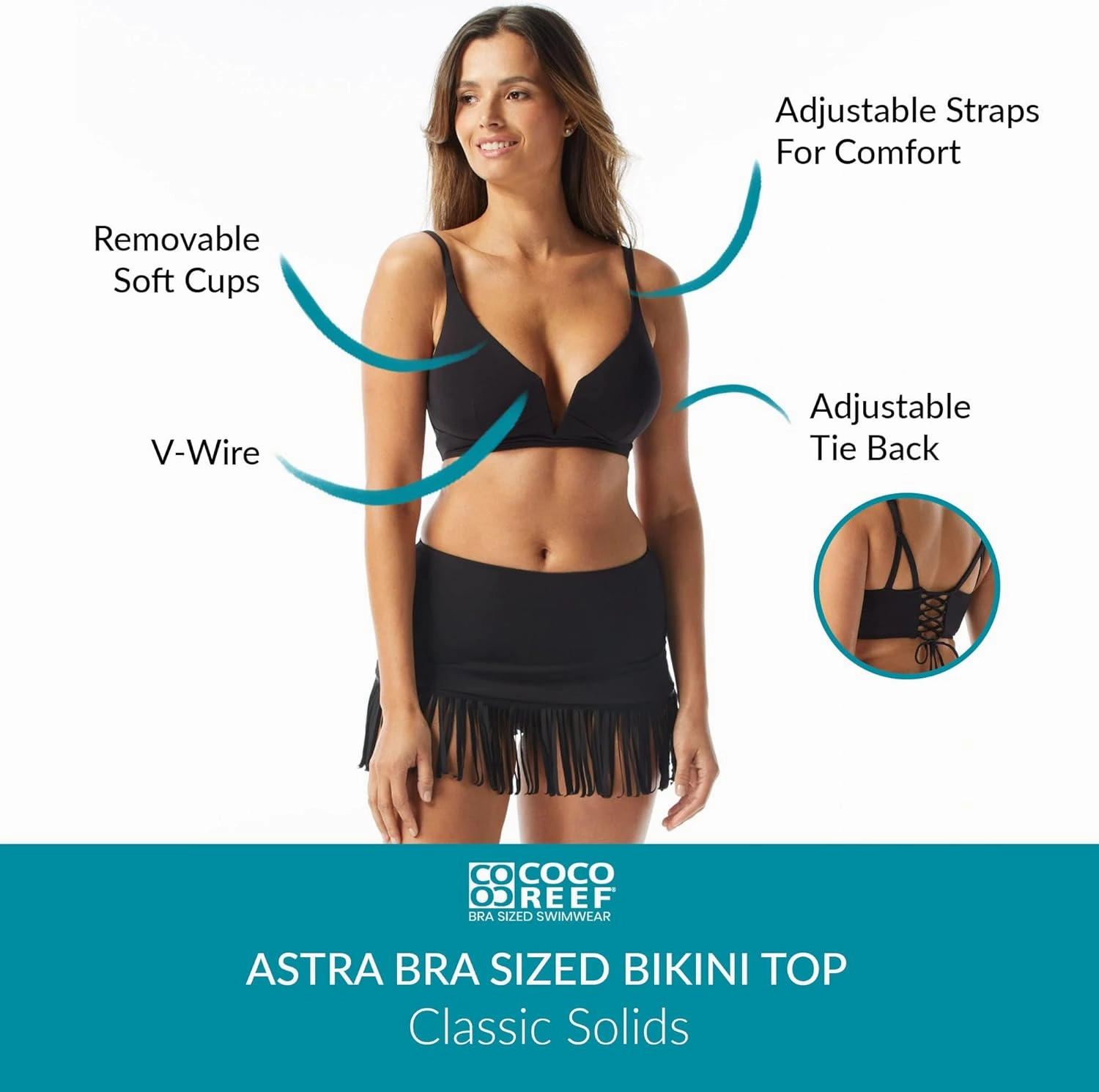 COCO REEF Astra Bra Sized Bikini Top — Criss Cross Back, Molded V-Wire Cups C, D, DD