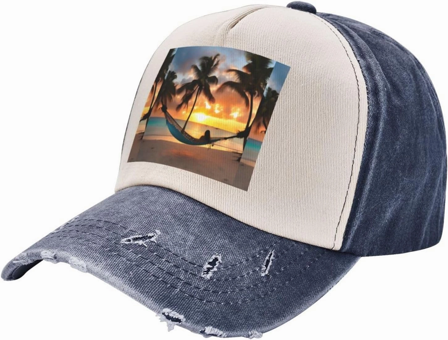 Coconut Beach Sunset Hammock Stylish Sports Hat in Denim,Adjustable, Breathable,for Daily Wear and Outdoor Activities