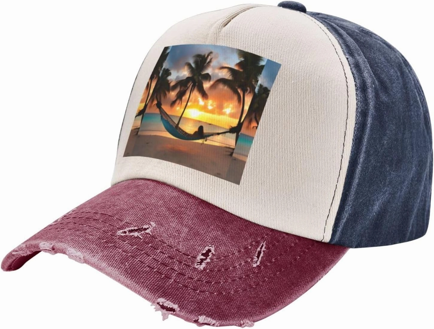 Coconut Beach Sunset Hammock Stylish Sports Hat in Denim,Adjustable, Breathable,for Daily Wear and Outdoor Activities
