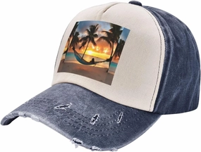 Coconut Beach Sunset Hammock Stylish Sports Hat in Denim,Adjustable, Breathable,for Daily Wear and Outdoor Activities