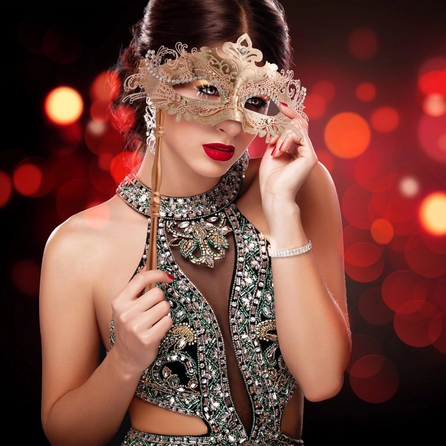 Coddsmz Masquerade Mask with Stick Venetian Mask Mardi Gras Decorations for Womens Halloween Costume Mask