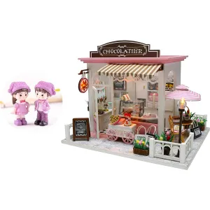 Cool Beans Boutique Miniature DIY Dollhouse Kit Wooden European Chocolate & Sweets Shop with Dolls, Musical Mechanism and Dust Cover - Architectural Model Kit (English Manual) C007