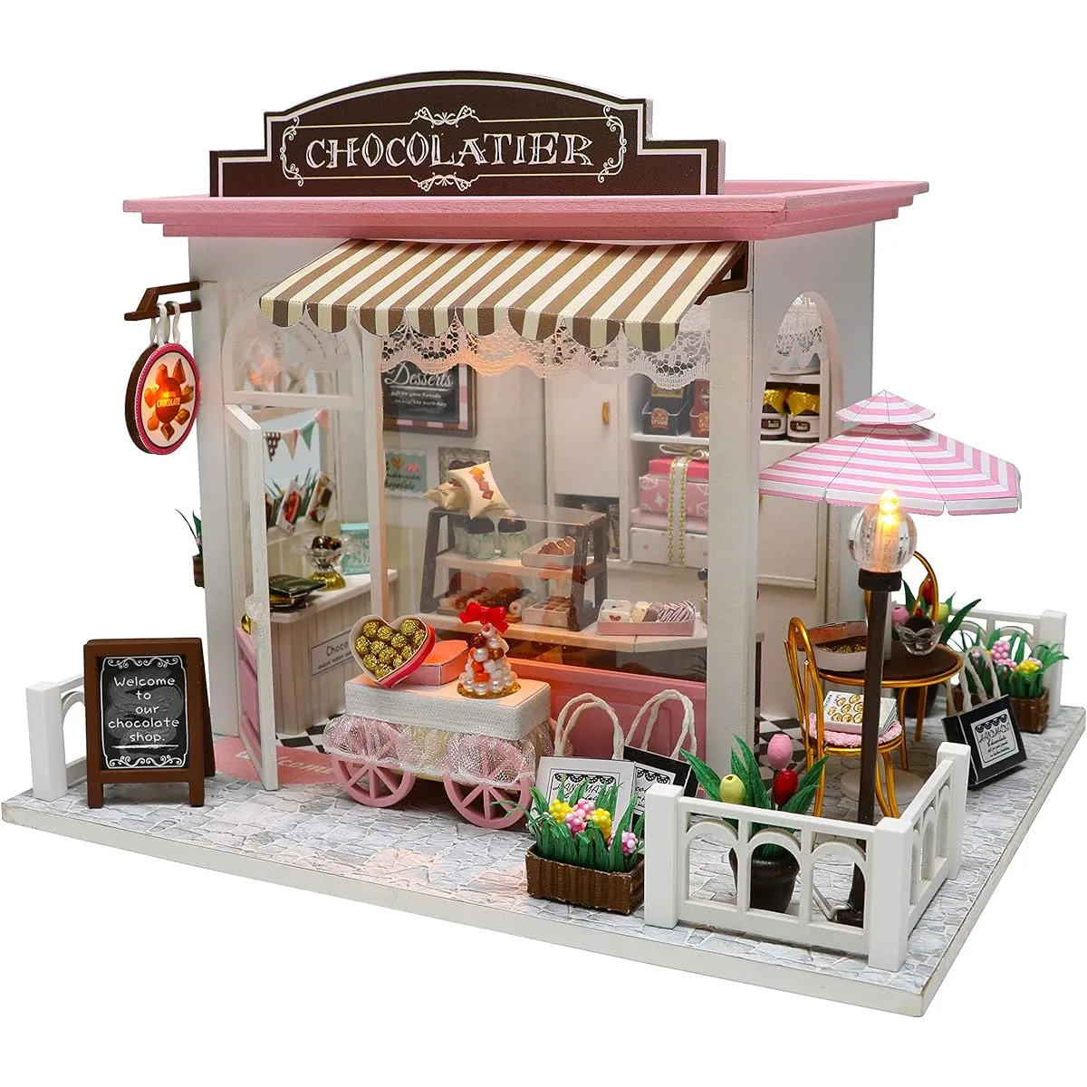 Cool Beans Boutique Miniature DIY Dollhouse Kit Wooden European Chocolate & Sweets Shop with Dolls, Musical Mechanism and Dust Cover - Architectural Model Kit (English Manual) C007