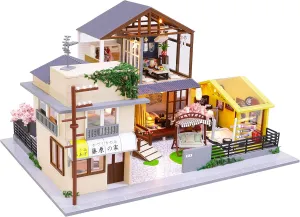 Cool Beans Boutique Miniature Dollhouse DIY Kit - Wooden Japanese Home with a tofu Shop, a Garage or Entertainment Room - with Dust Cover (Scale 1:24 Japanese Home)