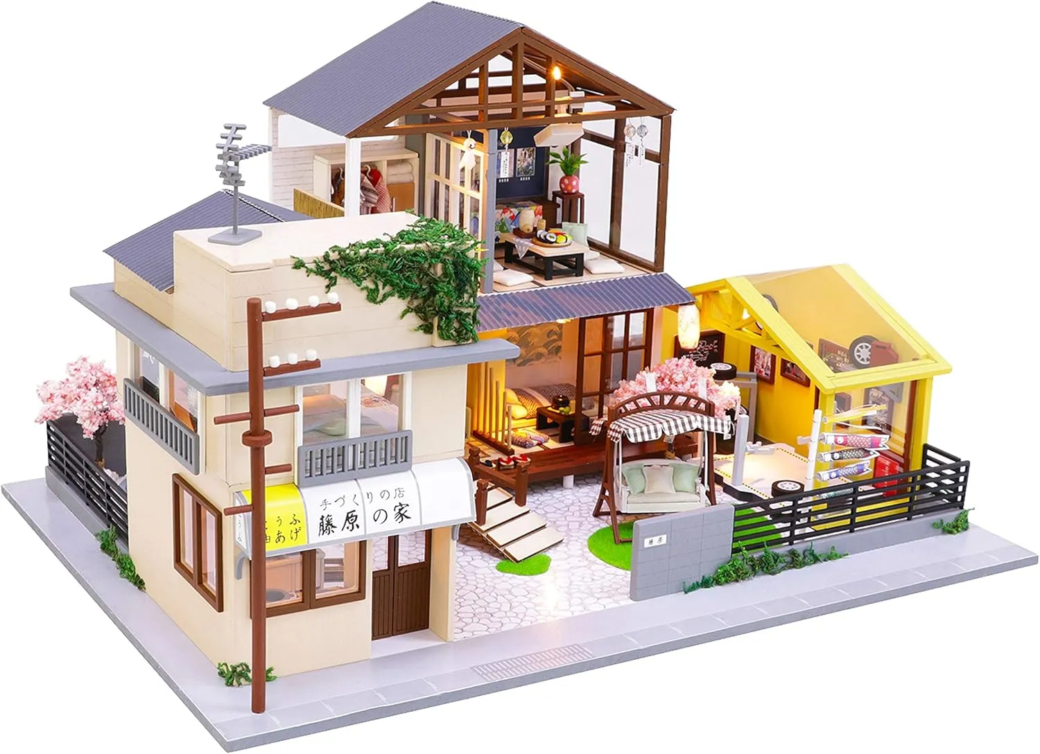 Cool Beans Boutique Miniature Dollhouse DIY Kit - Wooden Japanese Home with a tofu Shop, a Garage or Entertainment Room - with Dust Cover (Scale 1:24 Japanese Home)