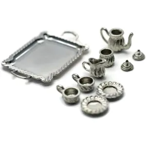 Cool Price Vintage Silver Plate Antique Tea Set Serving Tray Teapot 2 Tea Cups Dollhouse Miniature Food Supplies