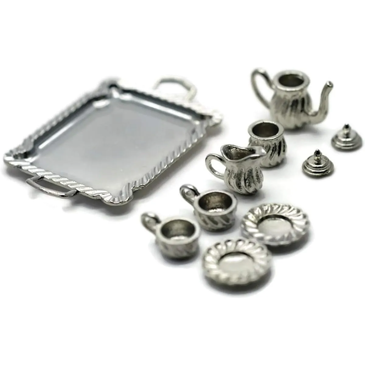 Cool Price Vintage Silver Plate Antique Tea Set Serving Tray Teapot 2 Tea Cups Dollhouse Miniature Food Supplies