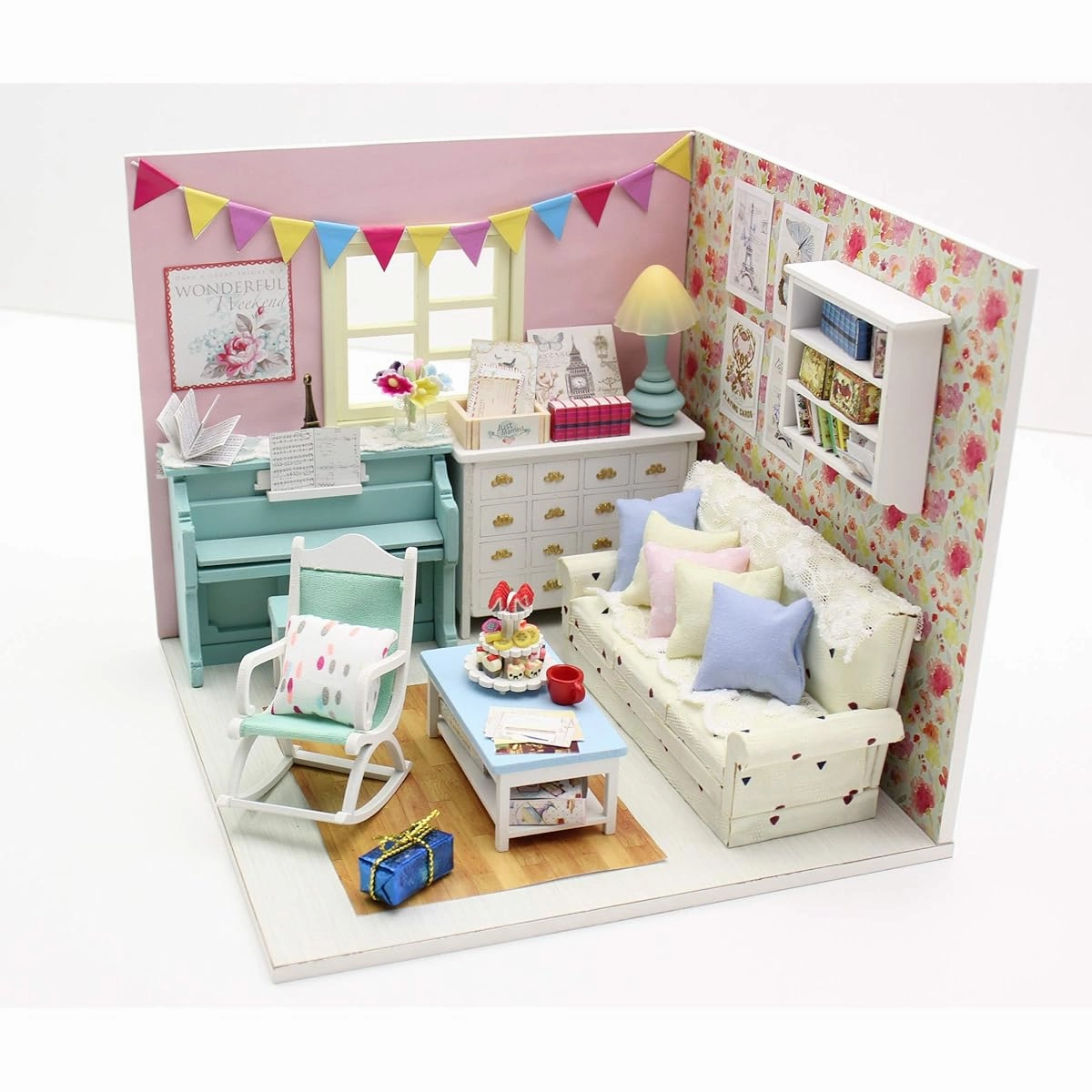 Cool Beans Boutique Miniature Dollhouse DIY Kit - Family Room with Blue Piano - 1:18 Scale Architectural Model Kit (English Manual) 1187001 Family Room with Blue Piano 1187001