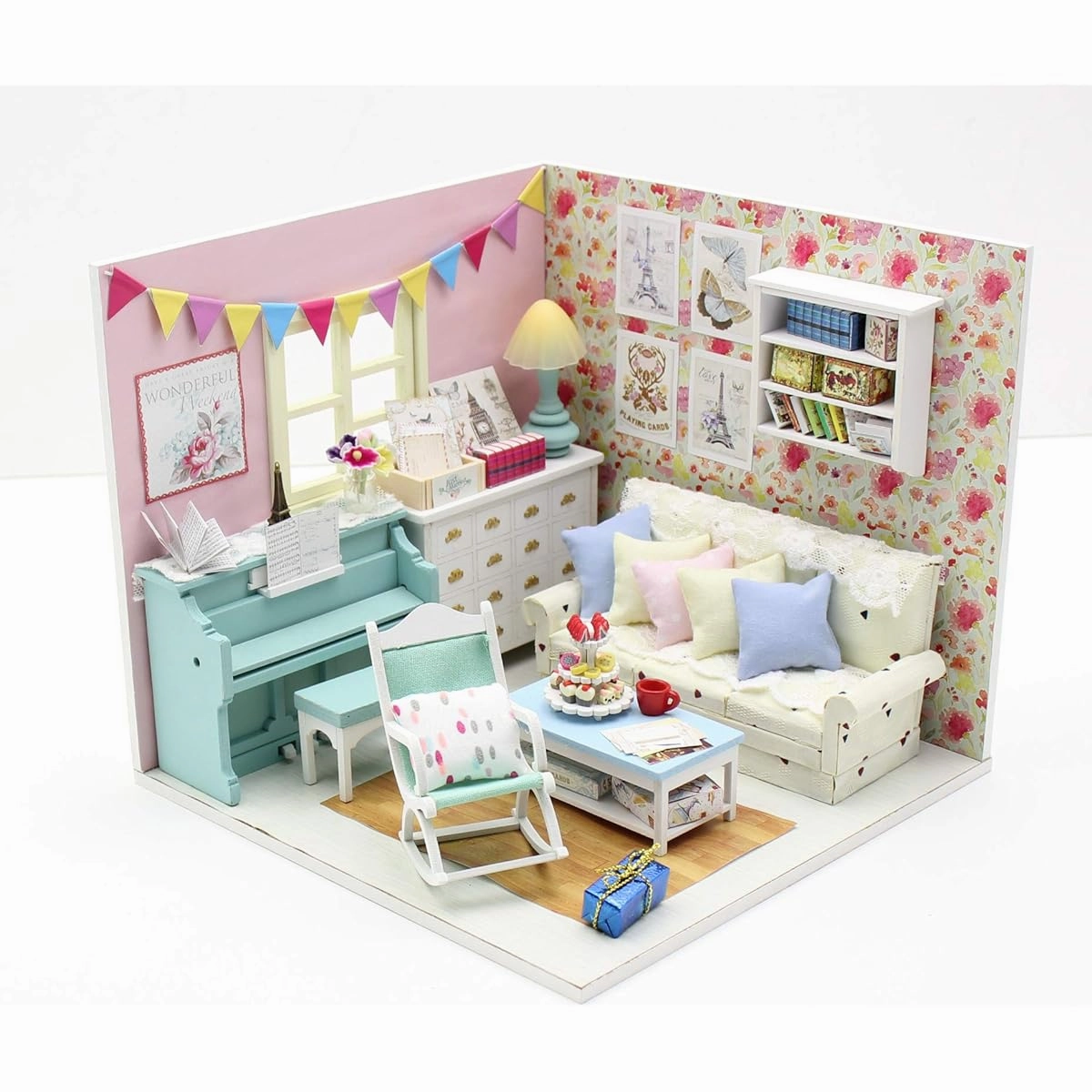 Cool Beans Boutique Miniature Dollhouse DIY Kit - Family Room with Blue Piano - 1:18 Scale Architectural Model Kit (English Manual) 1187001 Family Room with Blue Piano 1187001