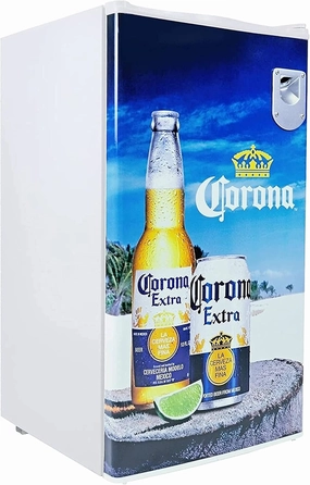 Corona Compact Fridge with Bottle Opener, 90 L/ 95 Quart 3.2 Cubic Foot for Snacks, Beverages, Juice, Beer, Den, Dorm, Office, Games Room, or RV
