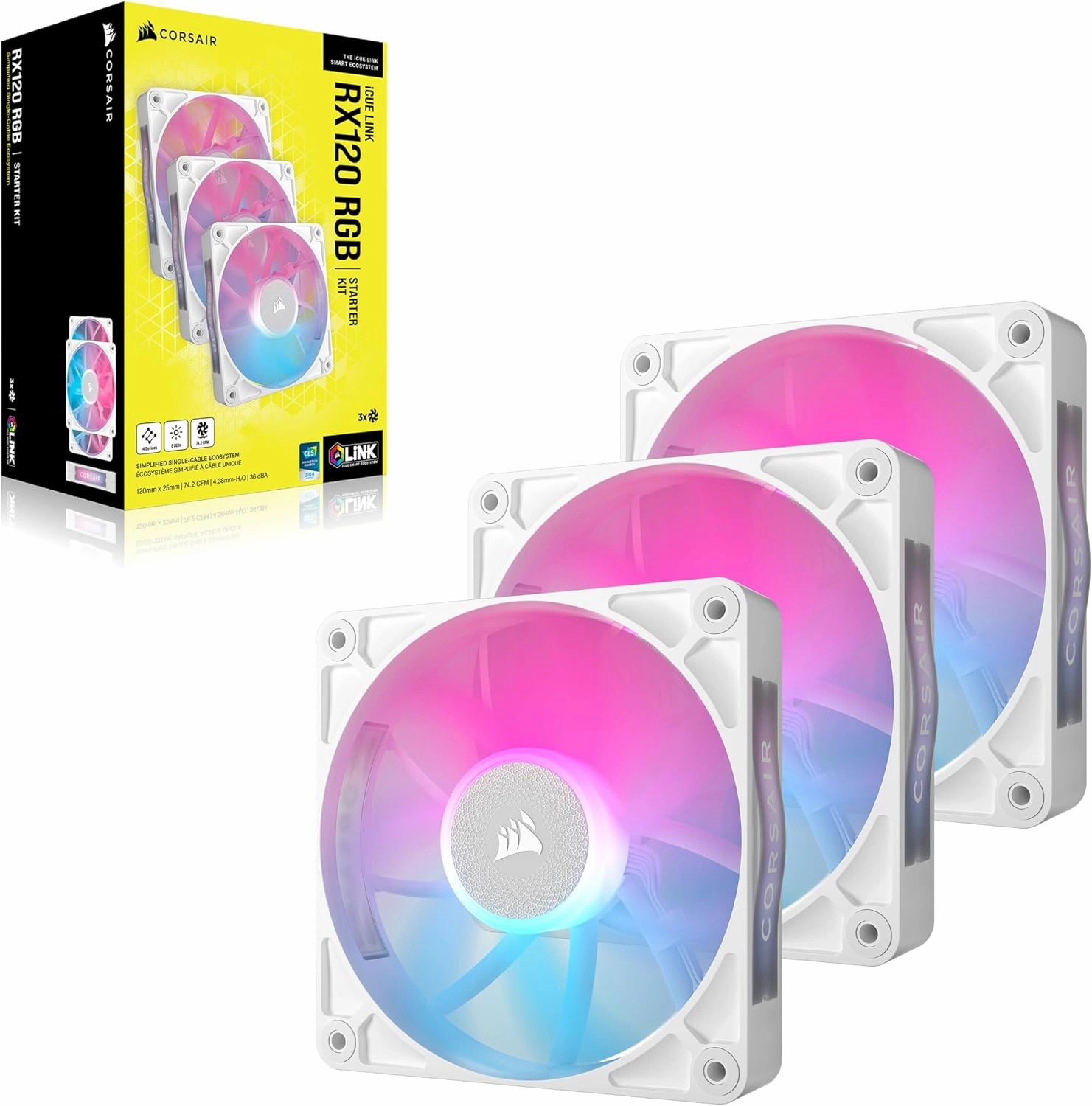CORSAIR iCUE Link RX120 RGB 120mm PWM Fans with iCUE Link System Hub - Magnetic Dome Bearing - Triple Pack - White