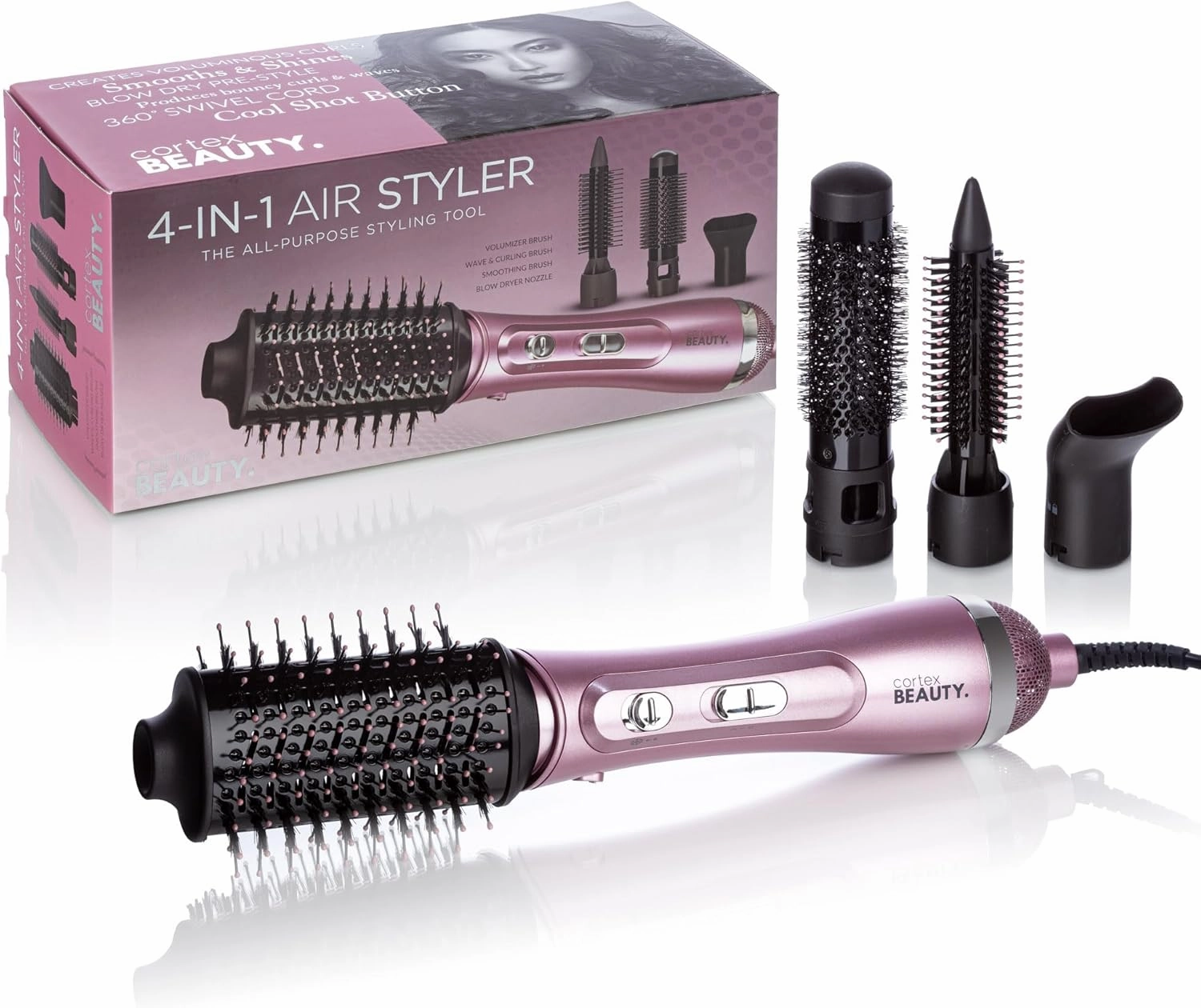 Cortex Beauty 4-in-1 Air Styler Brush - Hot Air Brush with Blow Dryer, Volumizer, Smoothing & Curling Attachments - Ionic & Ceramic Technology - 2 Heat Settings & Cool Shot (Blush Pink)