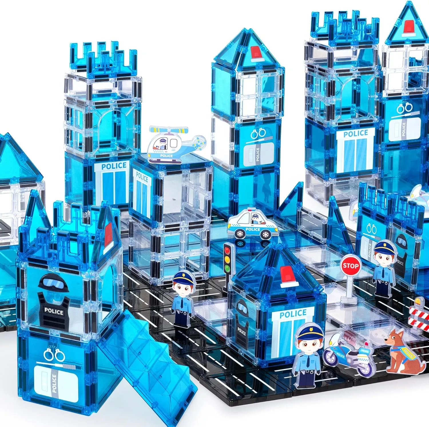 cossy Magnetic Tiles Police Set, Magnetiles with Policeman, Magnetic Tiles for Kids Ages 4-8, STEM Toys, Magnet Blocks for Boys and Girls, Creative Building Toys, Police