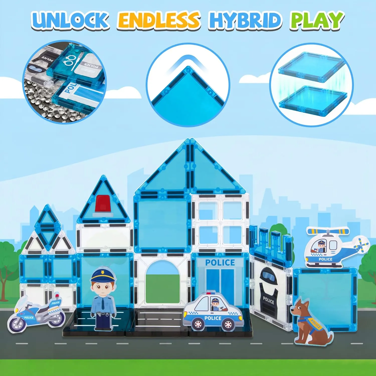 cossy Magnetic Tiles Police Set, Magnetiles with Policeman, Magnetic Tiles for Kids Ages 4-8, STEM Toys, Magnet Blocks for Boys and Girls, Creative Building Toys, Police