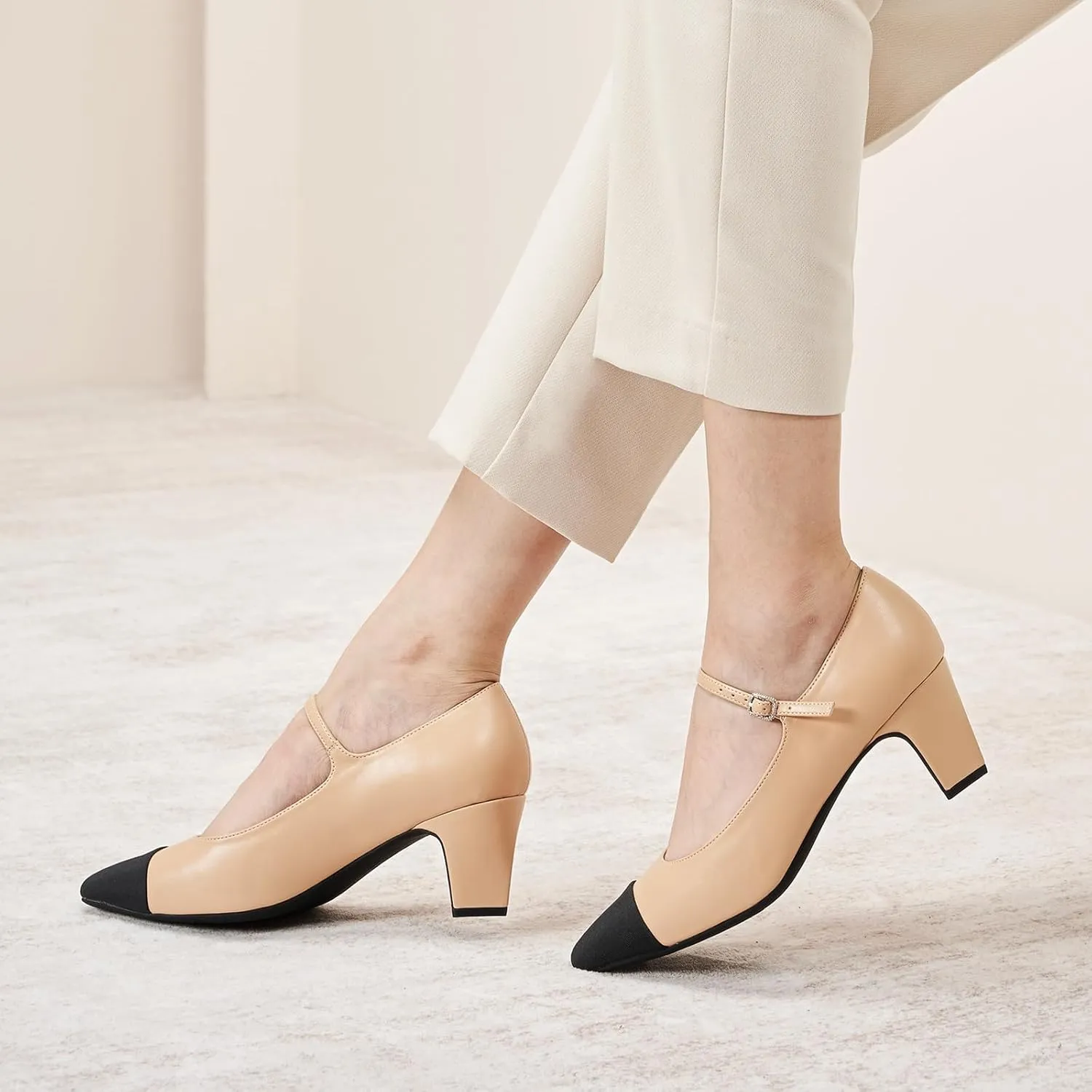 C.Paravano Women's Pumps Mary Jane Pumps Closed Round Toe Low Heels Adjustable Strap Fashion Dress Shoes