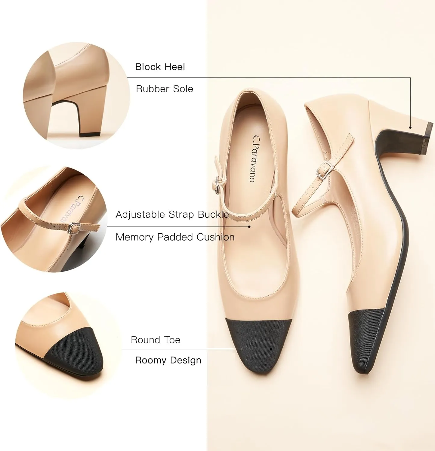 C.Paravano Women's Pumps Mary Jane Pumps Closed Round Toe Low Heels Adjustable Strap Fashion Dress Shoes