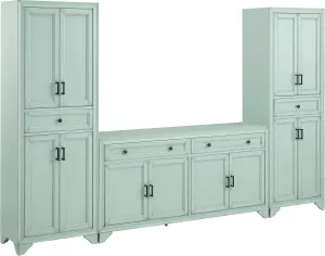 Crosley Furniture Tara 3-Piece Modern Farmhouse Sideboard Buffet Cabinet and Kitchen Storage Pantry Set, Distressed Seafoam Blue