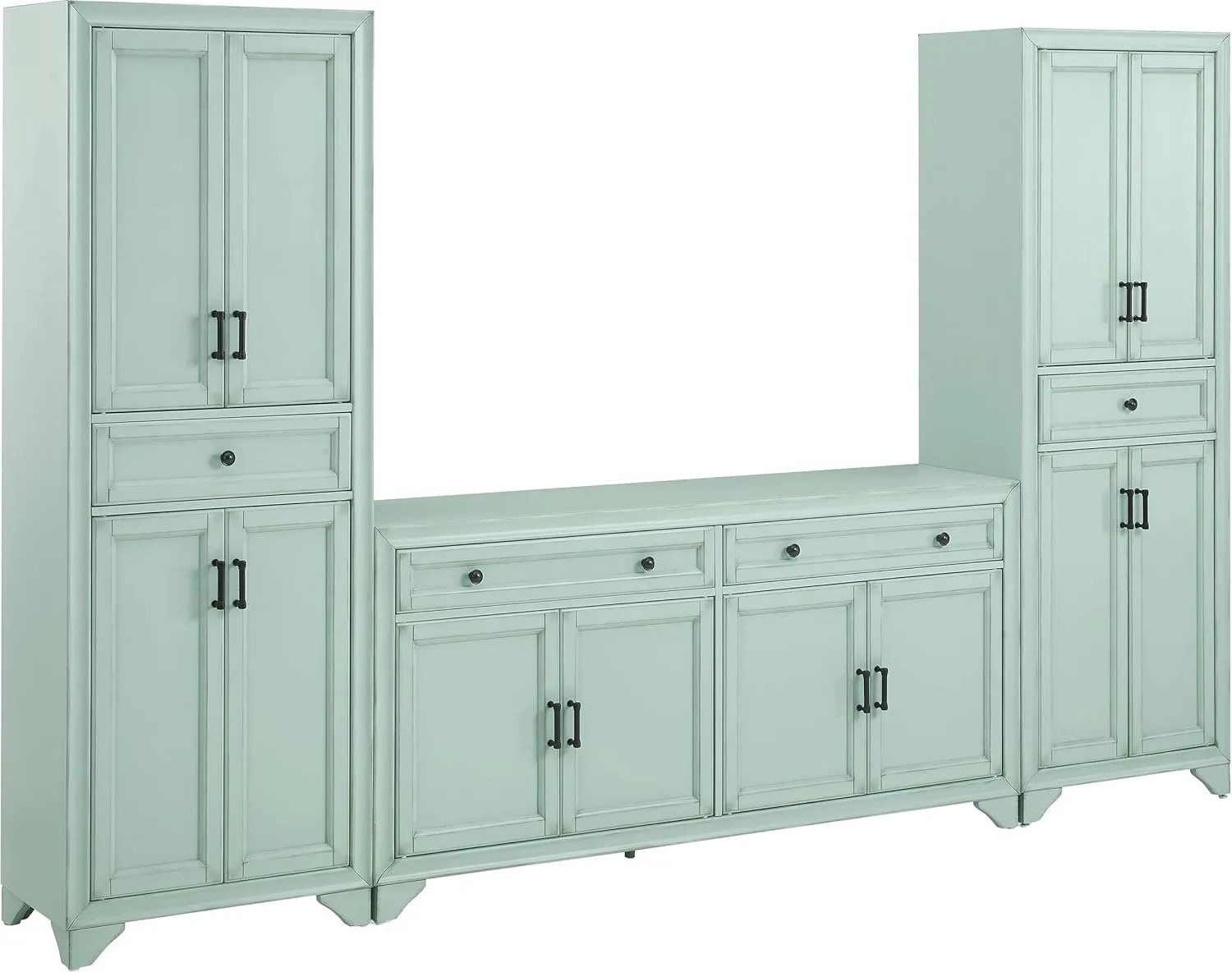 Crosley Furniture Tara 3-Piece Modern Farmhouse Sideboard Buffet Cabinet and Kitchen Storage Pantry Set, Distressed Seafoam Blue
