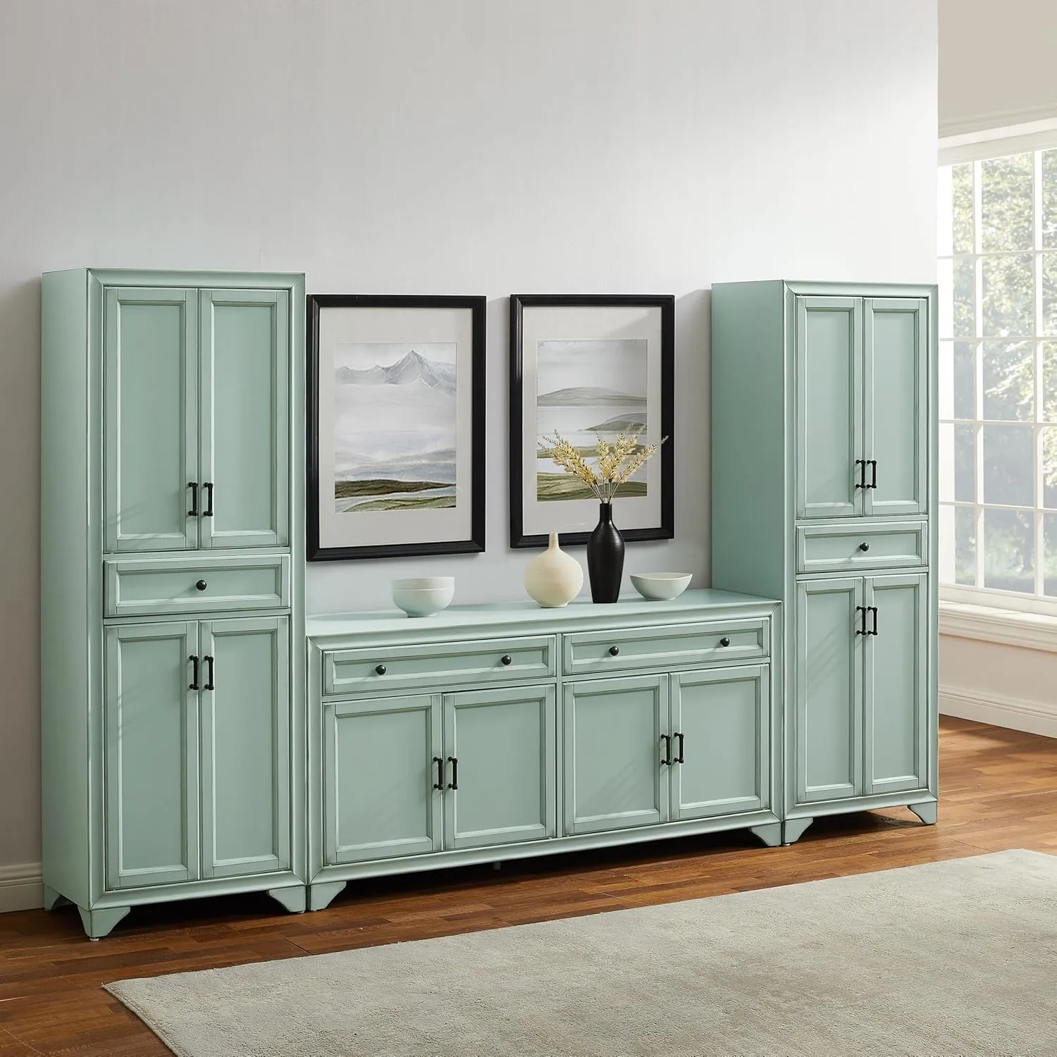 Crosley Furniture Tara 3-Piece Modern Farmhouse Sideboard Buffet Cabinet and Kitchen Storage Pantry Set, Distressed Seafoam Blue