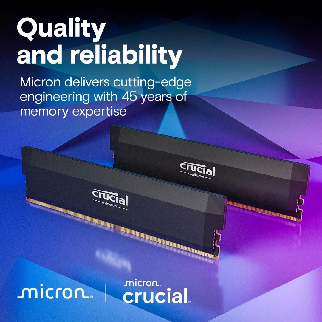 Crucial Pro DDR5 RAM 64GB Kit (2x32GB) 6000MHz CL40, Overclocking Desktop Gaming Memory, Intel XMP 3.0 & AMD Expo Compatible – Black CP2K32G60C40U5B
