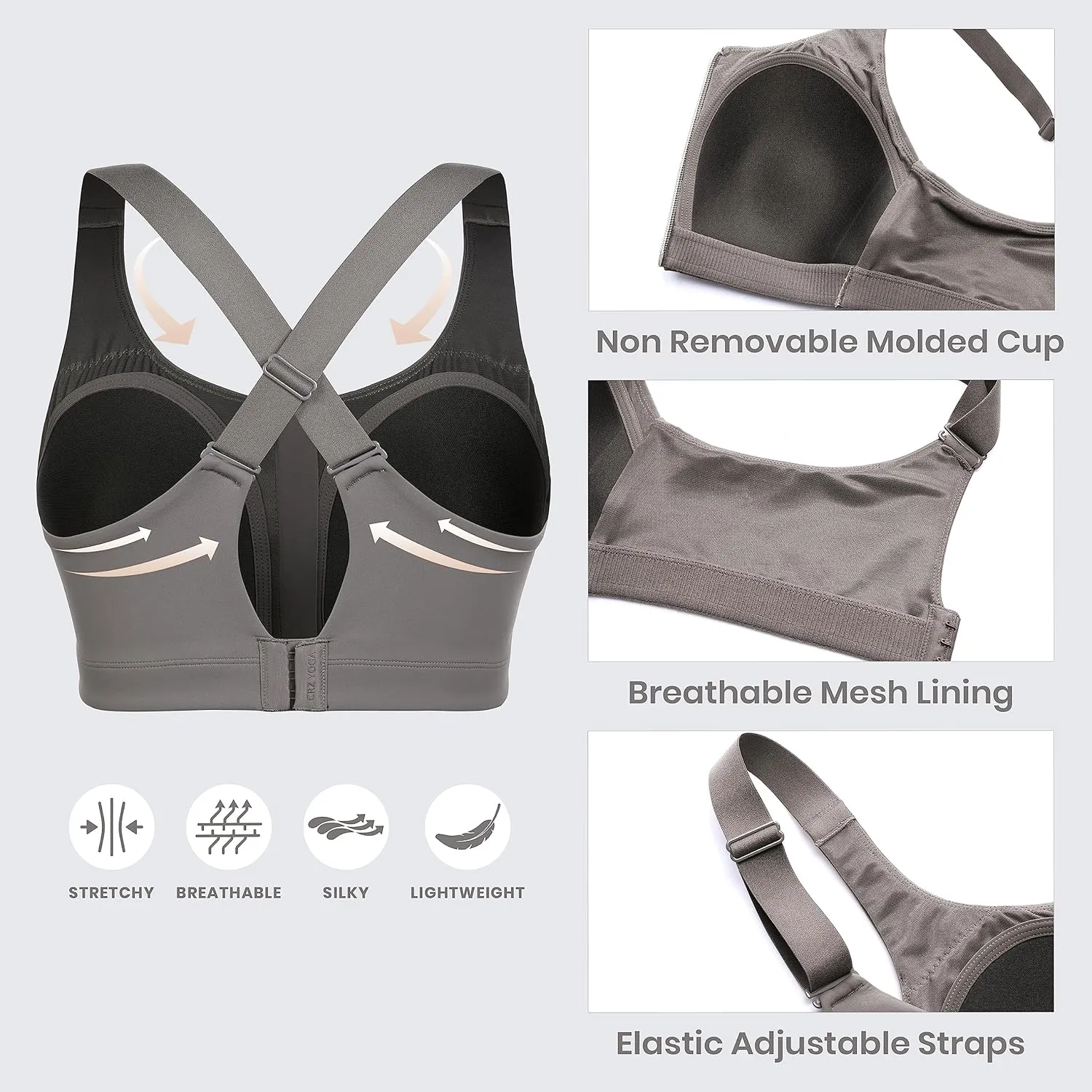 CRZ YOGA Womens Zip Front High Impact Sports Bra - Molded Cup Adjustable Convertible Straps Wireless Workout Yoga Crop Top