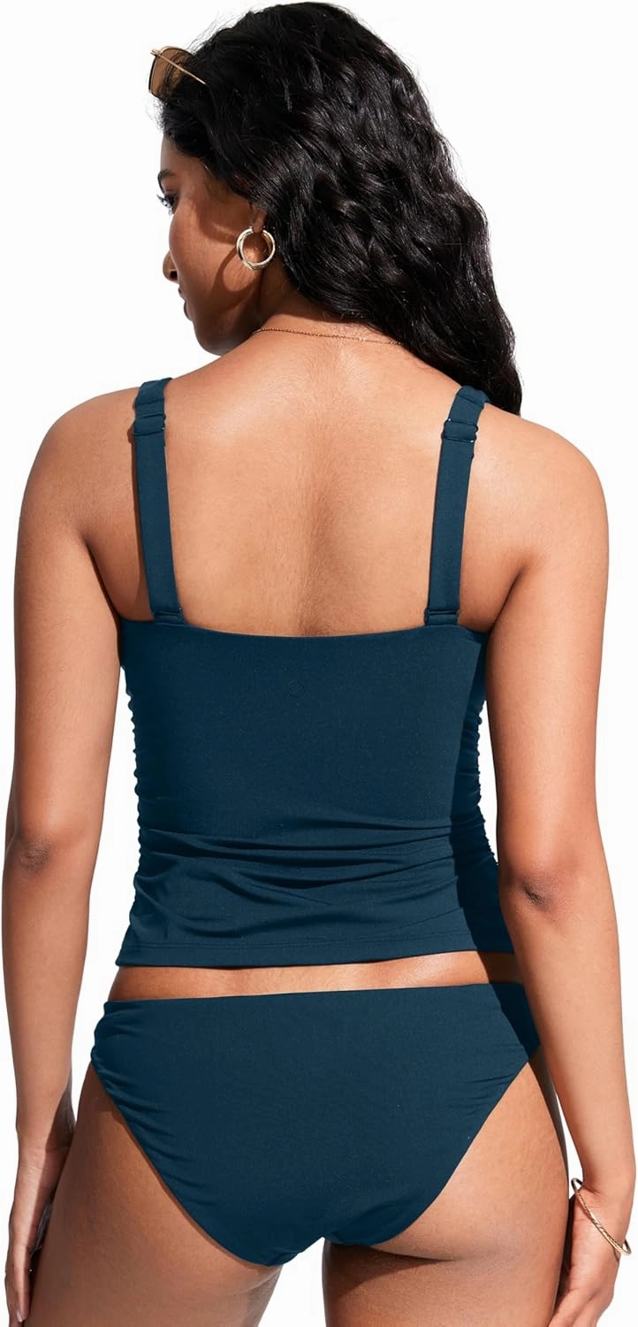 CRZ YOGA Tankini Tops for Women Square Neck Swimsuit Ruched Tummy Control Bathing Suits Adjustable Swim Tank Only No Bottom