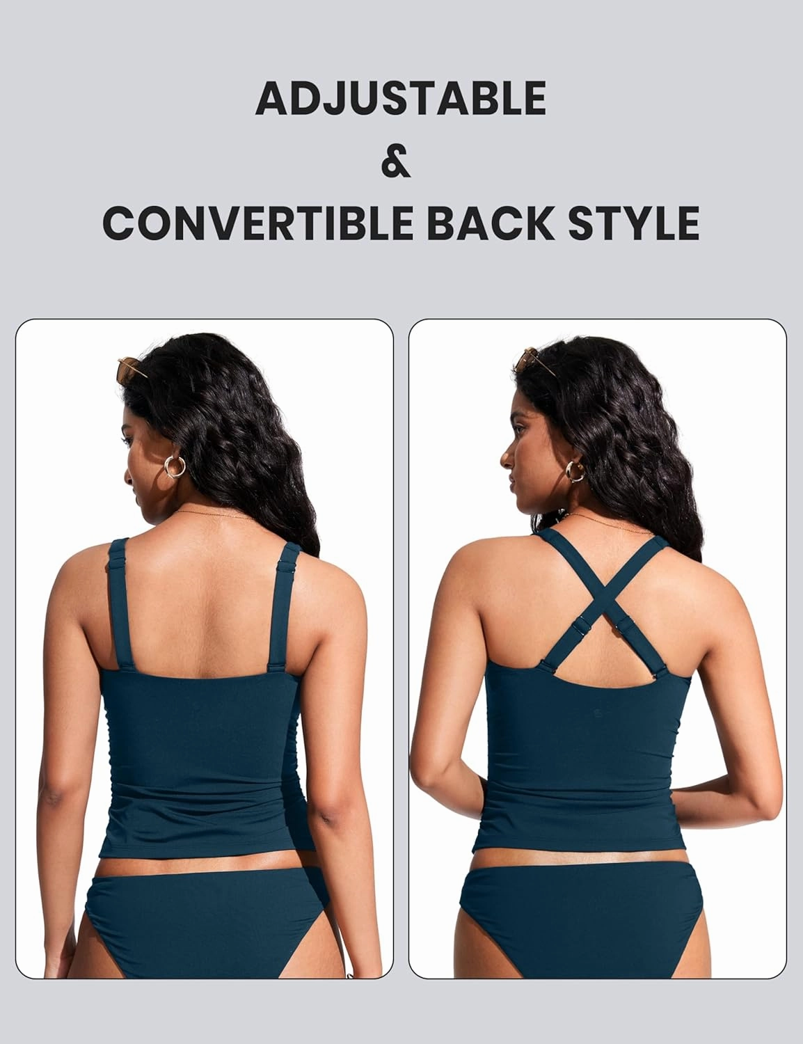 CRZ YOGA Tankini Tops for Women Square Neck Swimsuit Ruched Tummy Control Bathing Suits Adjustable Swim Tank Only No Bottom